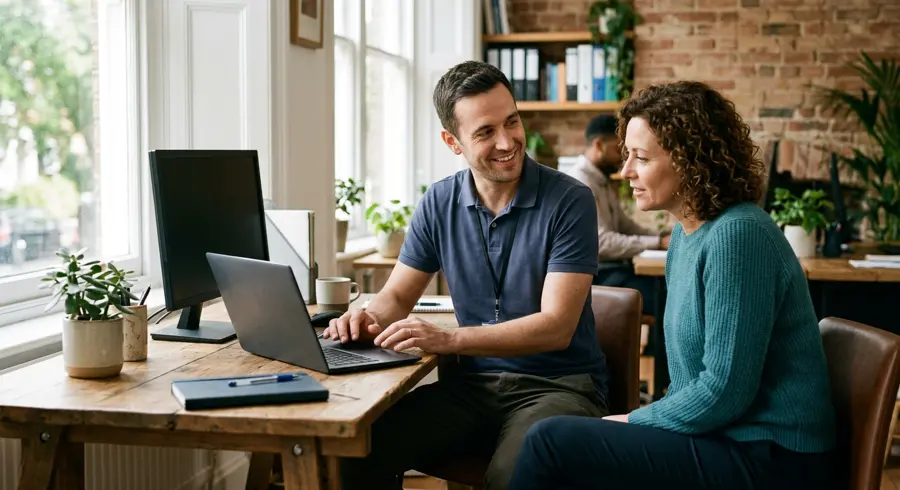 Simplistic IT technician reviewing a technology plan with a client